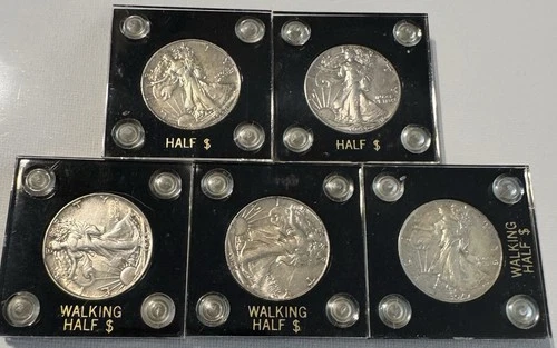 US Coins Silver, Lot Of 5, Liberty Walking Half Dollars, ‘38,’41,’45,’46,’47, VG