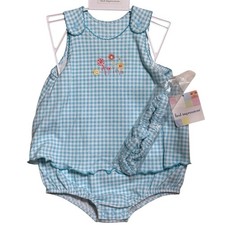 Vintage First Impressions Baby Romper 6 9M Aqua Gingham Embroidered Headband