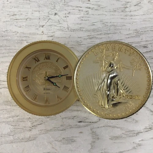 Vtg BULOVA Lady Liberty Gold 20 Dollar Coin Stack Wind Alarm Clock JAPAN READ