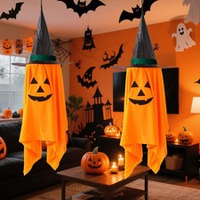 2 Pack Hanging Ghost Pumpkin Witch Hat Decoration Indoor Outdoor Halloween Decor