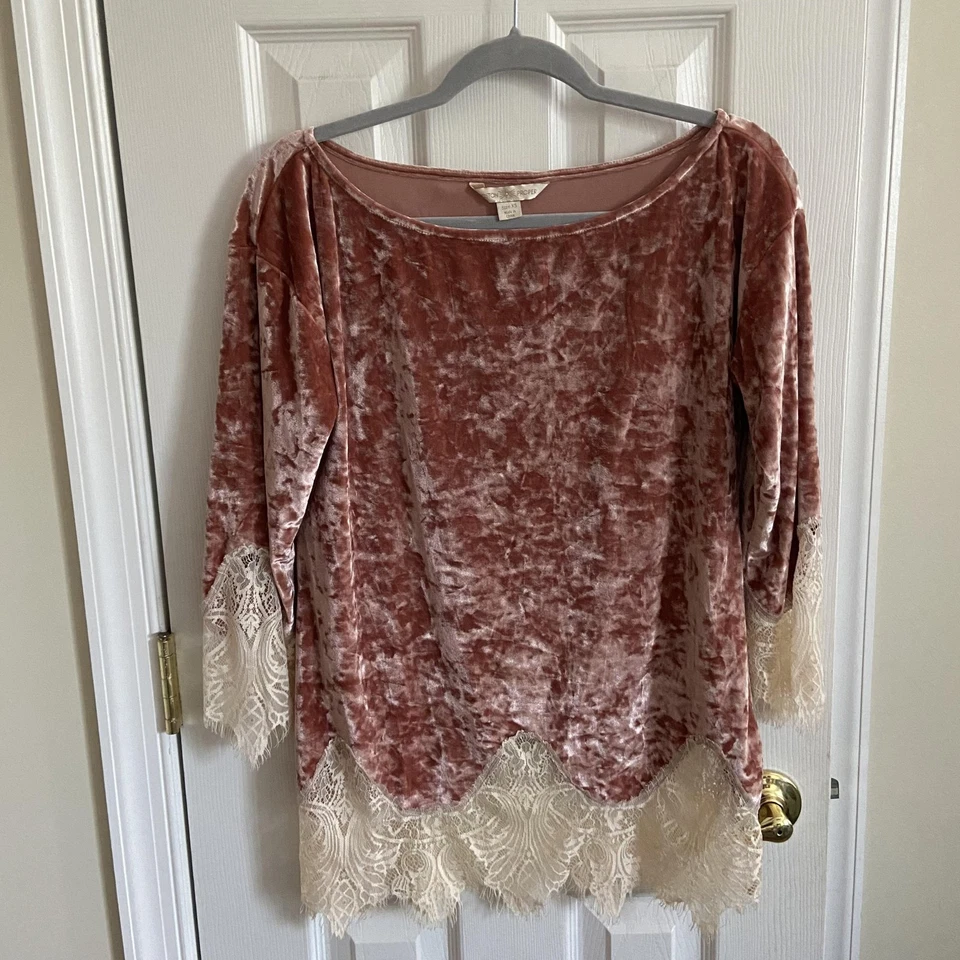 Boston Proper Lounge Set Mujer XS Terciopelo Encaje Plumero Pantalones Top 3 Piezas Boho Foto 2 de 4