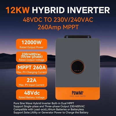 PowMr 12kW Hybrid-Wechselrichter 3-Phasig inkl. WIFI & DC Switch Dual MPPT