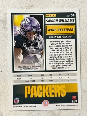 SAVION WILLIAMS Packers 2025 Score Football rookie AUTO Autograph