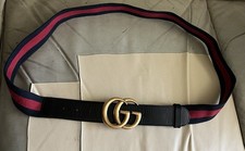 Gucci GG Blue Red Stripe Canvas Black Leather  Men Belt Size 115/46 Made Italy