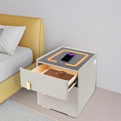 Smart Nightstand With Safe Box And 3-Color Light,Wireless Charging USB Grey