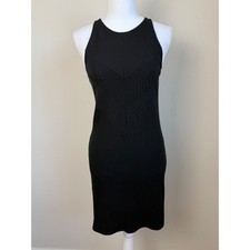 MNG Womens Cotton Ribbed Knit Midi Dress S Black Chevron Sleeveless Bodycon Y2K
