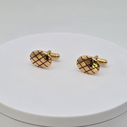 Vintage Men's Cufflinks Red Enamel & Gold Tone Cross Hatched Criss Cross - Picture 3 of 11