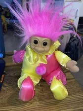 Vintage Russ Berrie Troll Doll 3604 Pink Hair, Satin Clown Jester Costume 10"