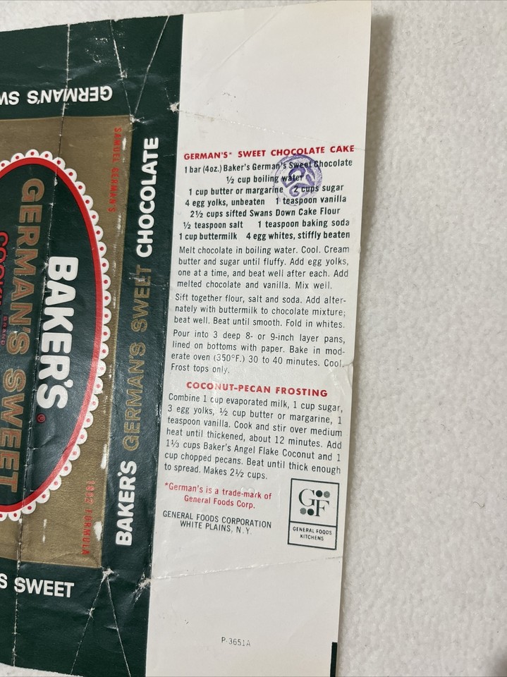 Vtg 1960s Bakers Germans Sweet Cooking Eating Chocolate Paper Wrapper ...