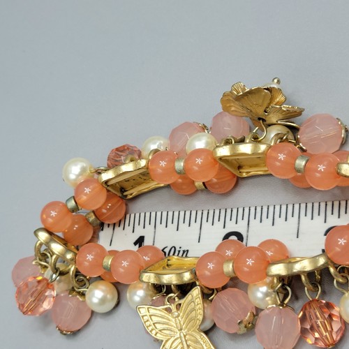 Peach Pink Stretch Bracelet Flower Butterfly Charms Faux Pearl Acrylic 7" - Picture 11 of 11