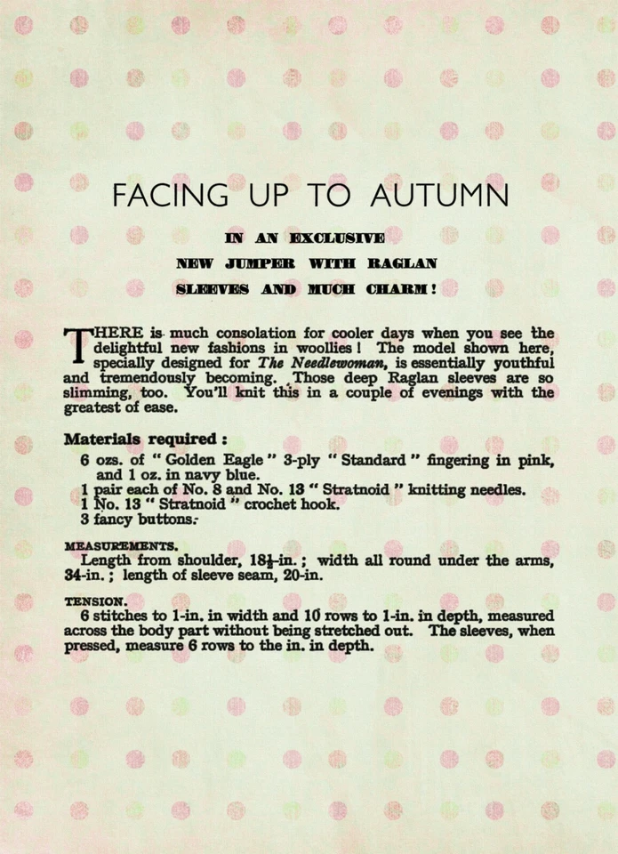 1930's Stylish Raglan Sleeve Sweater Knitting Pattern Bust 34 - Copy - Image 2 of 2