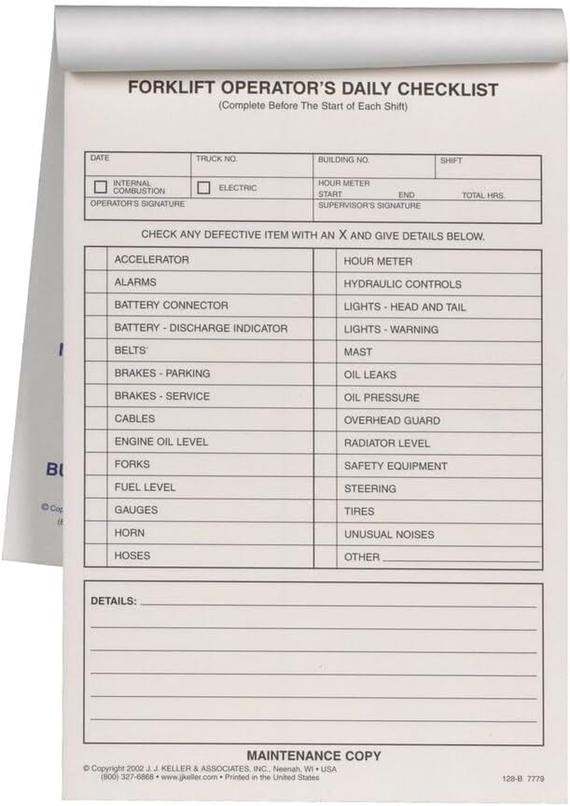 Forklift Operator Daily Checklist 5-Pk. - Book Format with 31 Sets, 2 ...