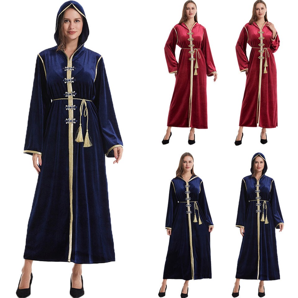 Muslim Abaya Long Sleeve Open Front Rhinestones Kaftan Cardigan Maxi Dress for Women with Belt