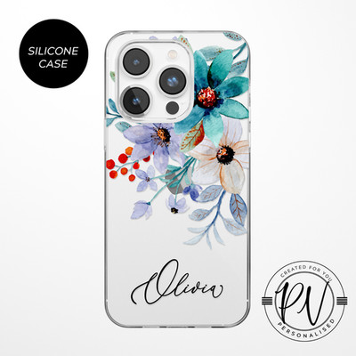 Personalisierte Handyhülle Blumen Name Silikon Cover für iPhone 11 12 13 14 15 16