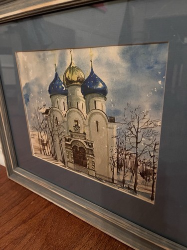 Vintage Russische Schulkirche Aquarell Signiert Gerahmt Passepartout Blau - Bild 3 von 5