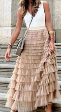 WOMENS NEW PLAIN RUFFLE HEM TIERED LAYER CASUAL ELEGANT HIGH WAIST LONG SKIRTS