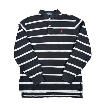 Polo Ralph Lauren Mens M Black Grey Stripe Long Sleeve Rugby Polo Shirt Red Pony