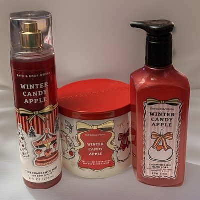 3 Piece Bath Body Works WINTER APPLE CANDY Mist + 3 Wick Candle +