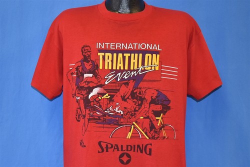 vintage 80s SPALDING INTERNATIONAL TRIATHLON EVENT RACE RUN BIKE SWIM t-shirt XL