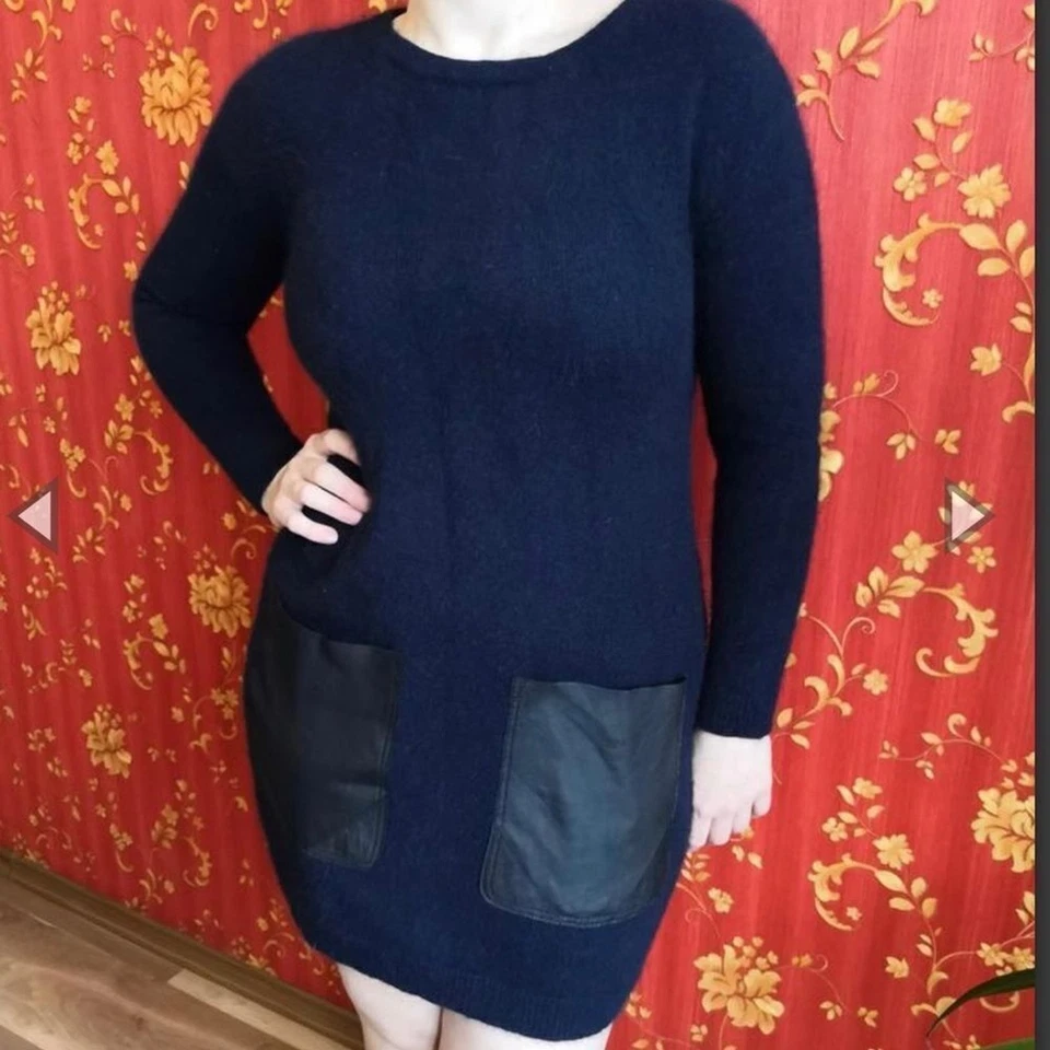 COS oversize azul marino mini vestido suéter con bolsillos negros imitación cuero talla M Foto 4 de 4