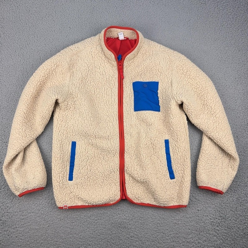 LEGO Jacket Kids Large Beige Sherpa Fleece Zip Pockets Red Blue Lined Winter