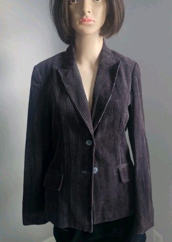H&M Womens Corduroy Blazer Dark Plum Burgundy Fitted 2 Button Cotton Jacket