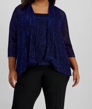 Alex Evenings Women Blue Metallic Jacket  Scoop-Neck Top Plus Size 1X