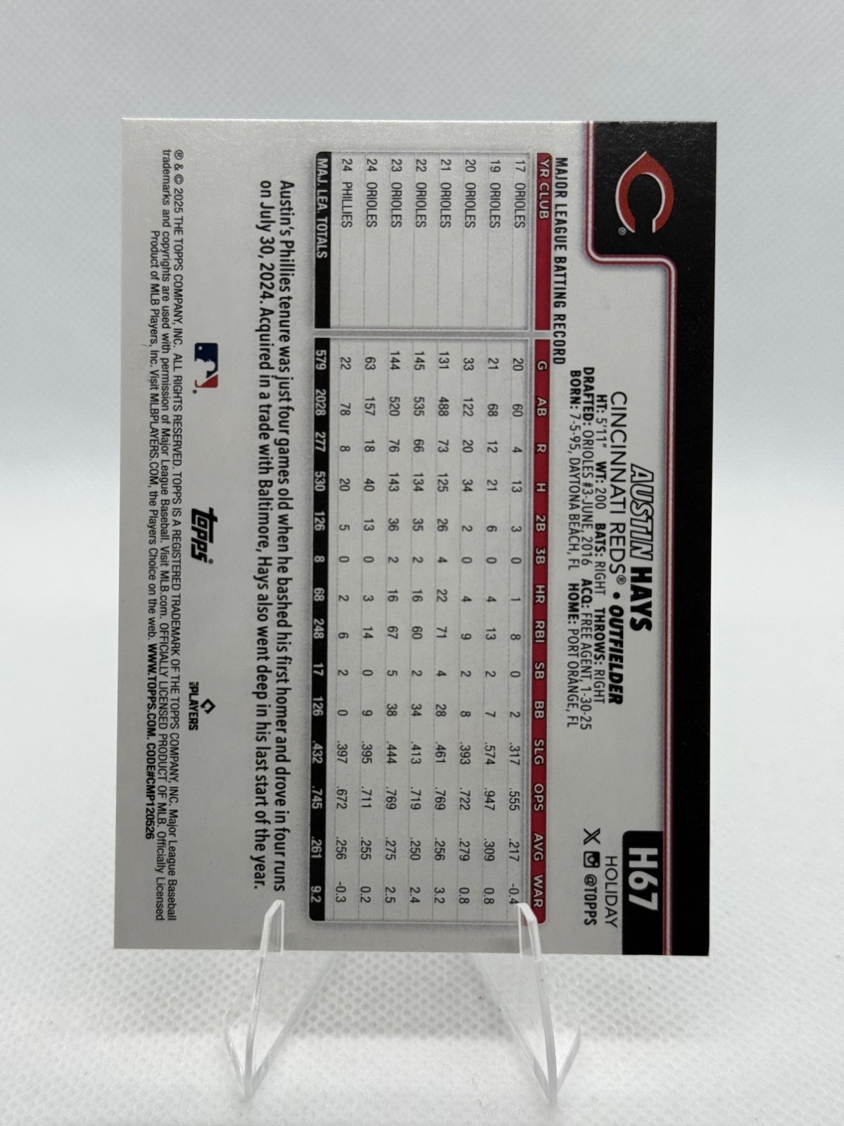 2025 Topps Holiday🎄Gold Holiday Lights🎄#H67 Austin Hays - Cincinnati Reds 