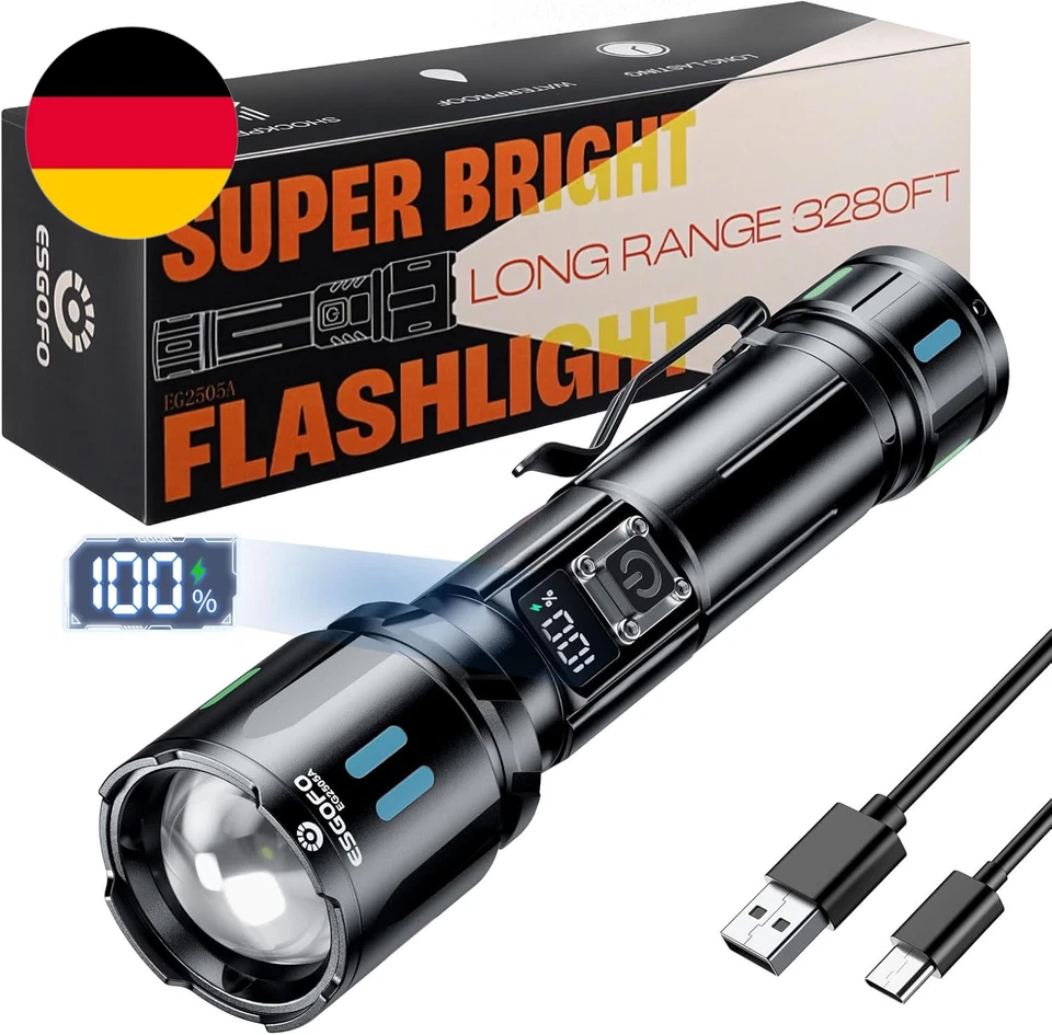 Esgofo Taschenlampe LED Aufladbar Extrem Hell 1000000 Lumens，Sehr Helle Lang Anh