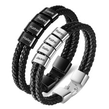 Custom 1-8 Name Leather Bracelet Rope Jewelry Stainless Steel Gold Silver Black