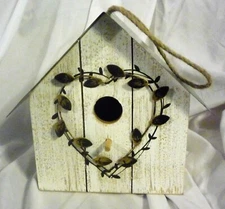 Wooden Hanging Birdhouse with Metal Roof and Heart Shaped Laurel