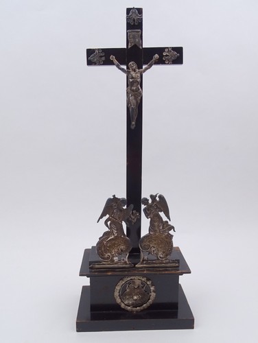 Kreuz Kruzifix Holz ebonisiert Jesus Engel Inri Silber 19. Jhdt. Biedermeier
