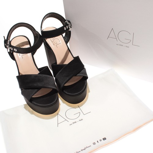 AGL NWB Pam Platform Block Heeled Sandals Size 38.5 US 8.5 in Black Satin - 第 1/14 張圖片