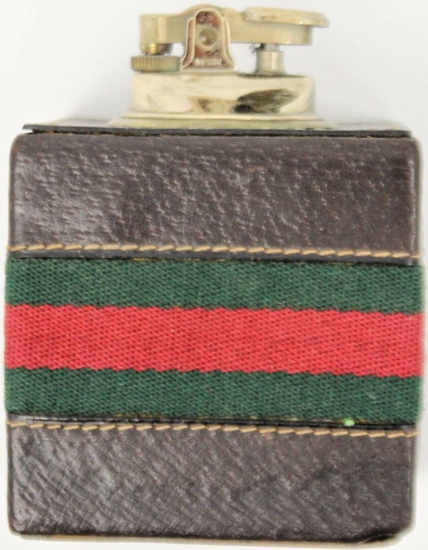 Gucci Of Italy c1970s Cube Leather & Brass Lighter