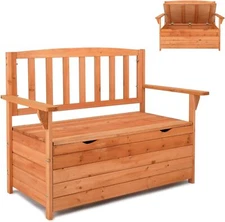 Outdoor Wood Storage Bench, Wooden Large Deck Box w/Seating & Armrest,Waterproof