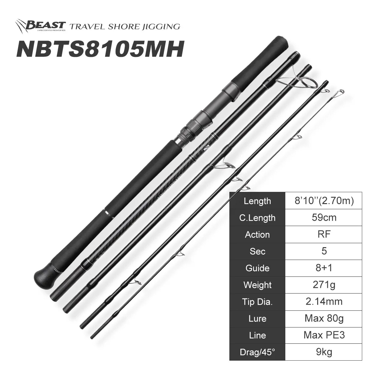 5 sections Beast Travel Shore Jigging Fishing Rod 2.7m 2.9m 