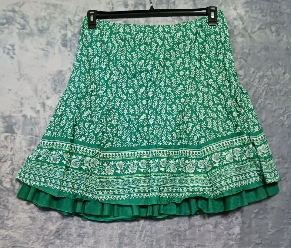 Apt 9 Falda Mujer 14 Verde Blanco Forrada Algodón Boho Verano Lentejuelas Elegante Moderna Foto 3 de 4