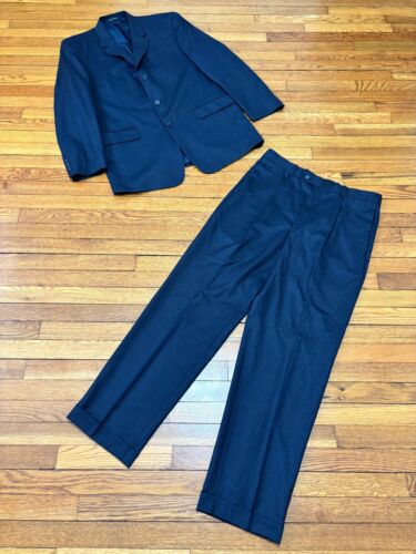 Alfani Mens Suit Size 42L Blazer Jacket 34x32 Dress Pants Blue Pinstriped Wool