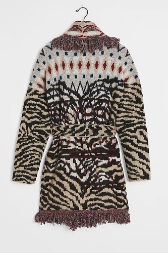 Anthropologie Fringed Belted Long Cardigan Sweater Animal Motif XS $198 NWT Gift - Picture 5 of 9