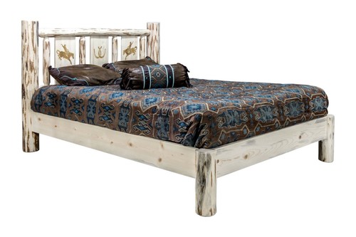 LOG QUEEN Platform Bed Rustic Etching Western Unique Deer Wolves Wood Carving - Picture 7 of 15
