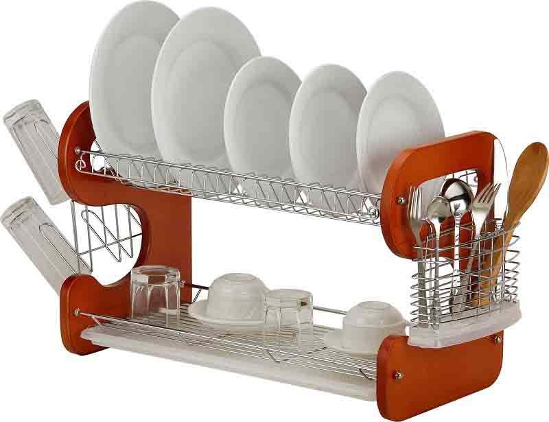 Wood Kitchen Dish Rack With Spoon Fork Holder Tier 16