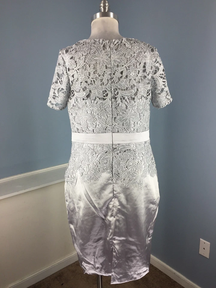 全新 银色鞘 正式派对 蕾丝覆盖 连衣裙 帽子 袖缎 XL 12 14 — 第 3/3 张图片