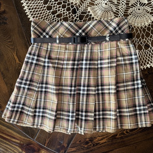 NWT I.N. Girl Belted Skirt M 10 12Tartan Plaid Tan Black Pink Pleated Pull On