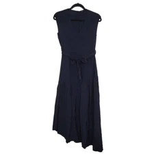 FRNCH Paris Navy Blue Button Back Midi Dress Sz S Asymmetrical Hem Sleeveless