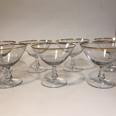 Peedee Crystal Champagne Glasses Gold Trim Lot Of 7 Vintaged