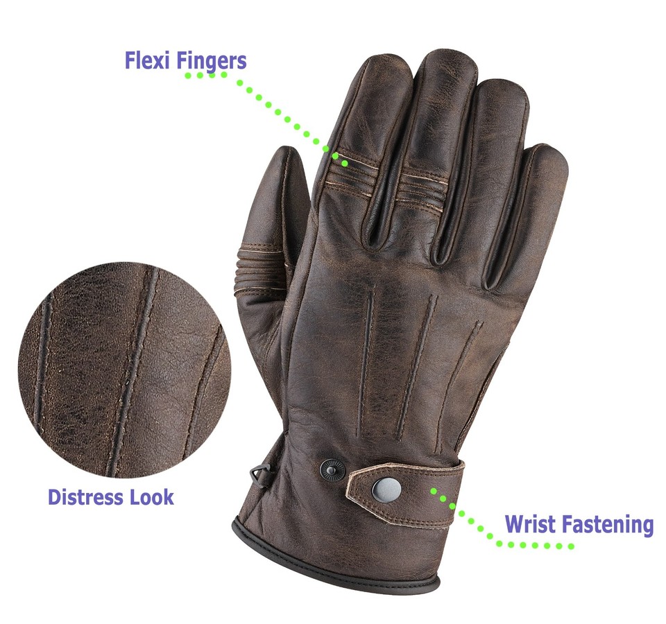 B:O:S Men's Retro Brown Leather Motorcycle Gloves - Chopper Style S-3XL
