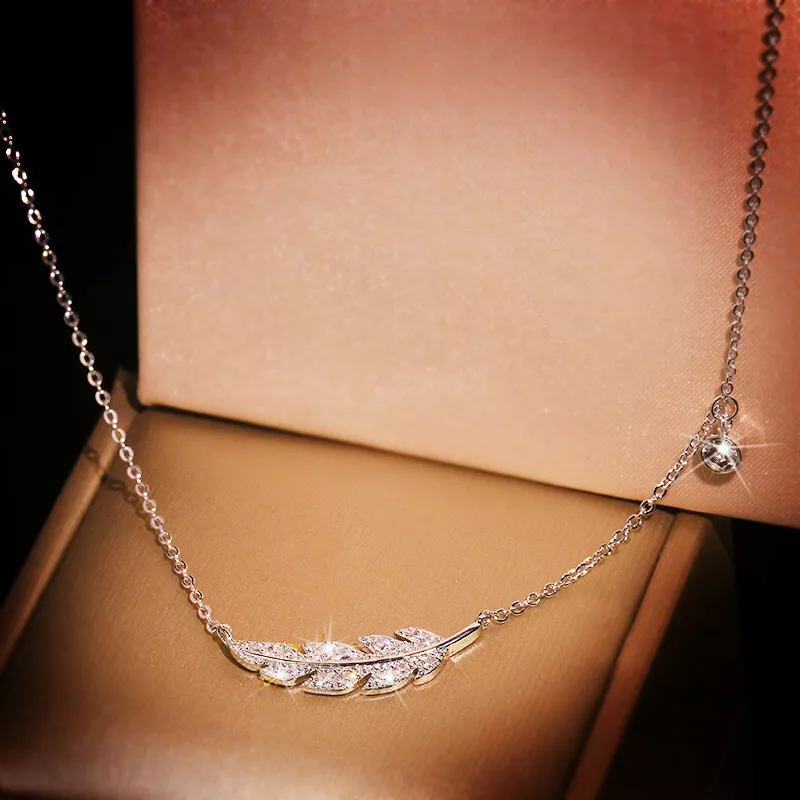 Feather Shape 925 Silver Necklace Pendant Luxury Cubic Zircon Women Jewelry