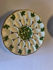 Deviled Egg Tray Ceramic Pine Boughs 2 Dozen Wells. Signed Velma 88