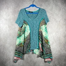 Poeme By Citron Top Womens Large Green Santa Monica Handkerchief Hem Boho Artsy