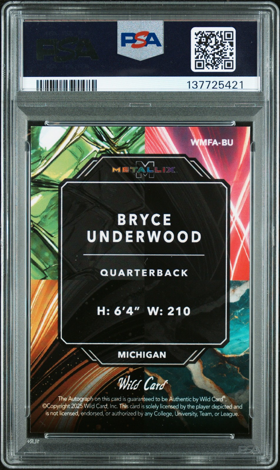 2025 WILD CARD METALLIX PRO-LOOK HOBBY FRACTAL AUTO BRYCE UNDERWOOD 1/1 PSA 10 view 2